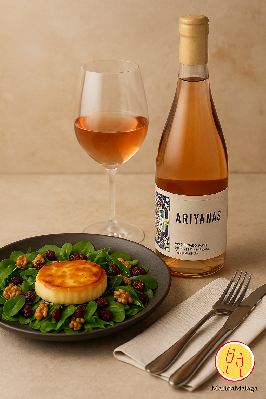 Pack 6 – Ariyanas rosado Romé + Ensalada templada de queso de cabra Payoya, miel de caña y frutos secos